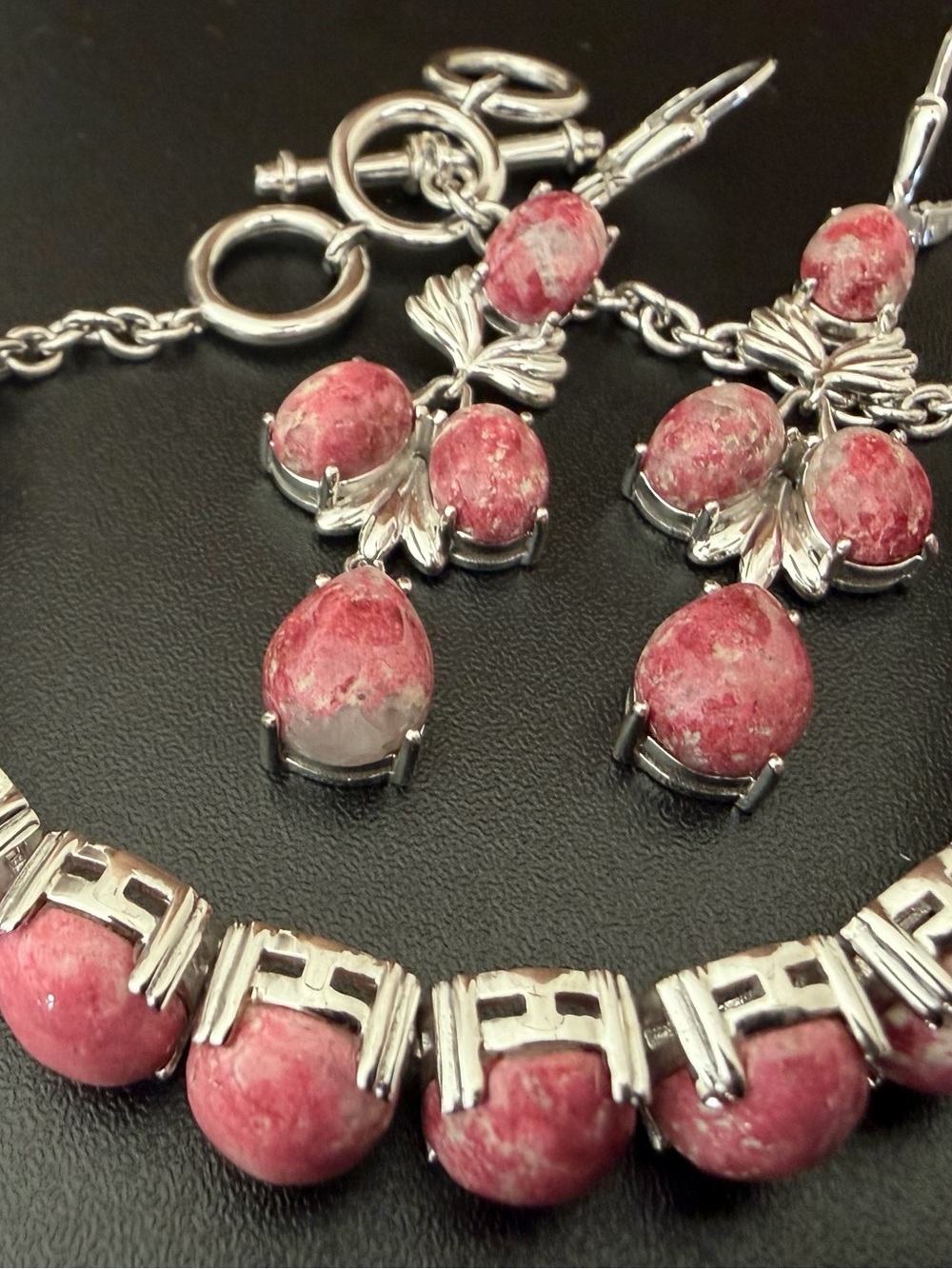 VINTAGE BBJ 925 STERLING SILVER PINK GEMSTONE LINK BRACELET & 2" DANGLE EARRINGS